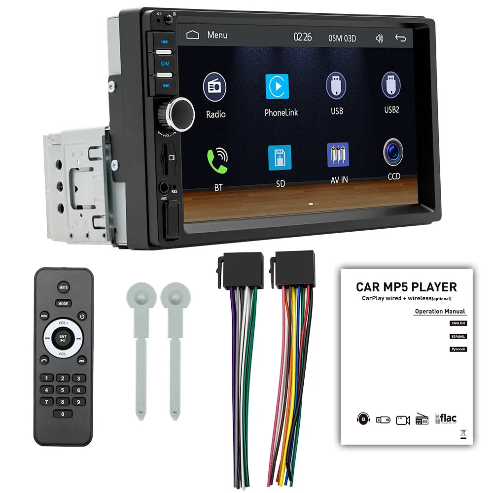 BQCC 7" 2Din/1 Din MP5 Car Player Mirrorlink wired Android AUTO/CarPlay BT AUX  Colorful lights FM Car Radio F7018C