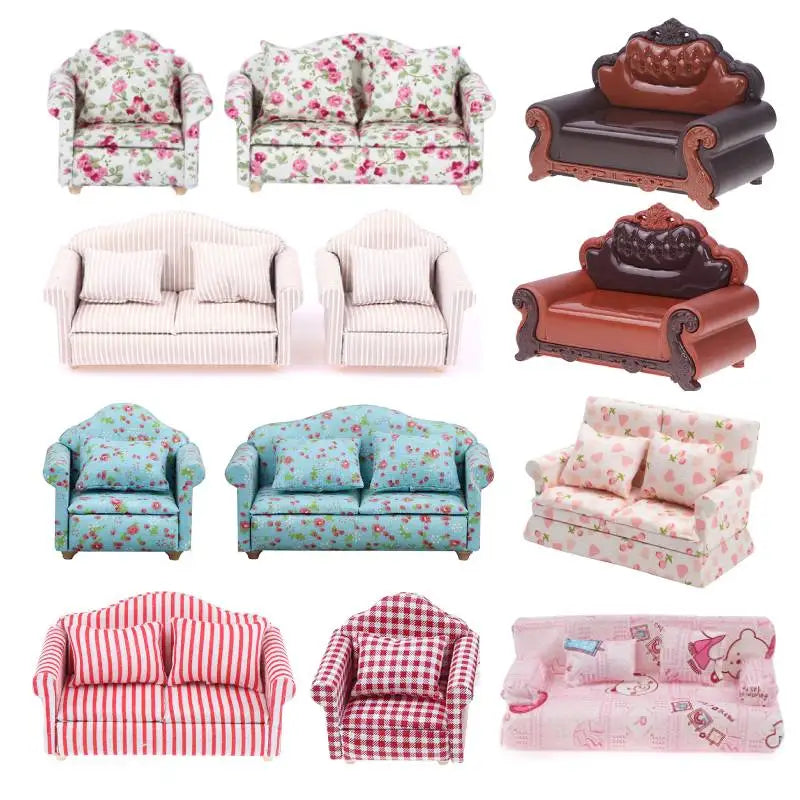 Mini Dollhouse Furniture Sofa with Pillow Set Simulation 1:12 Miniature Living Room Kids Pretend Play DIY Doll House Decor