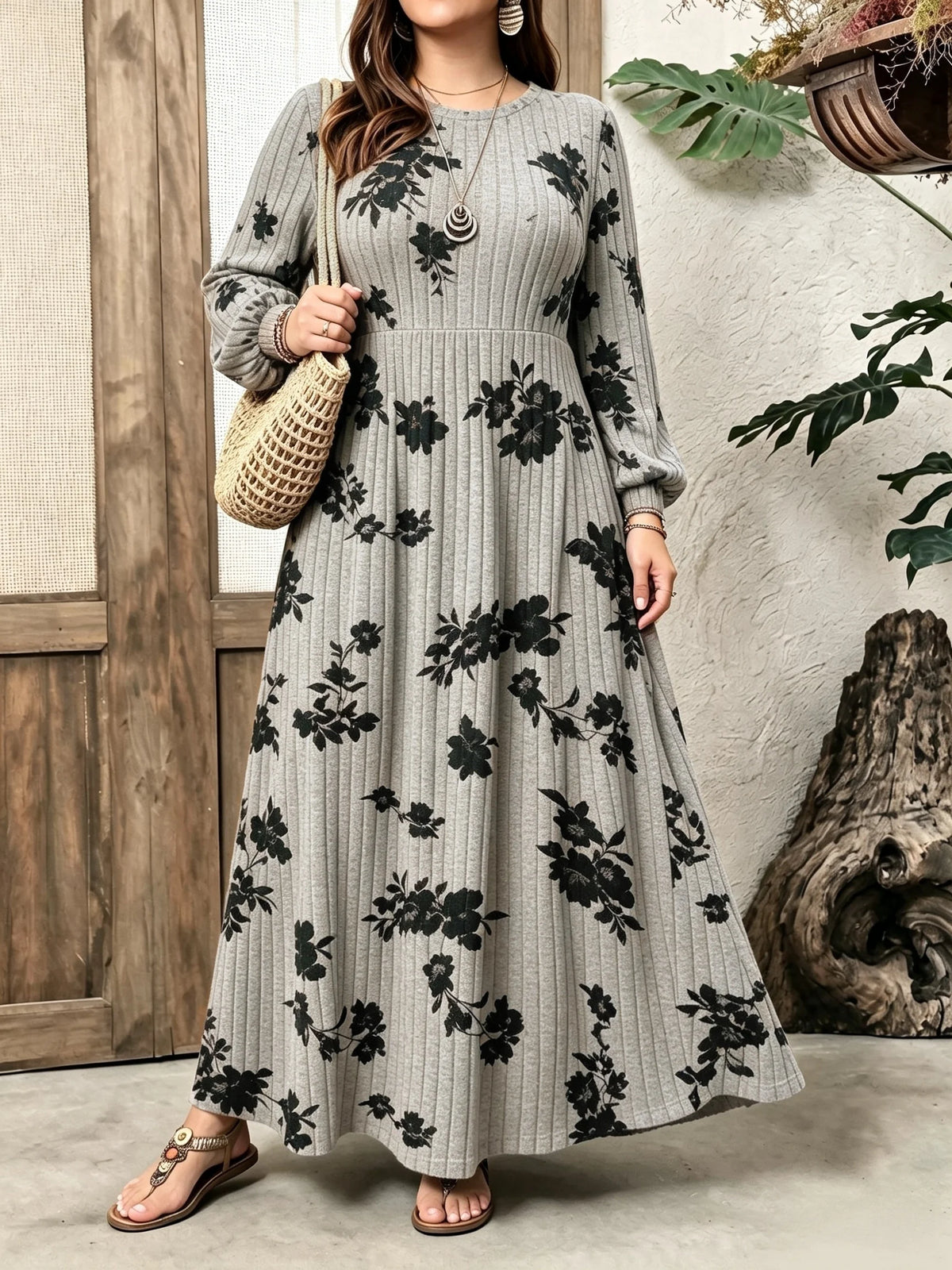 Plus Size Women Floral Print Ribbed Knit Maxi Dress Fall Winter Round Neck Puff Sleeve A Line Casual Long Dress