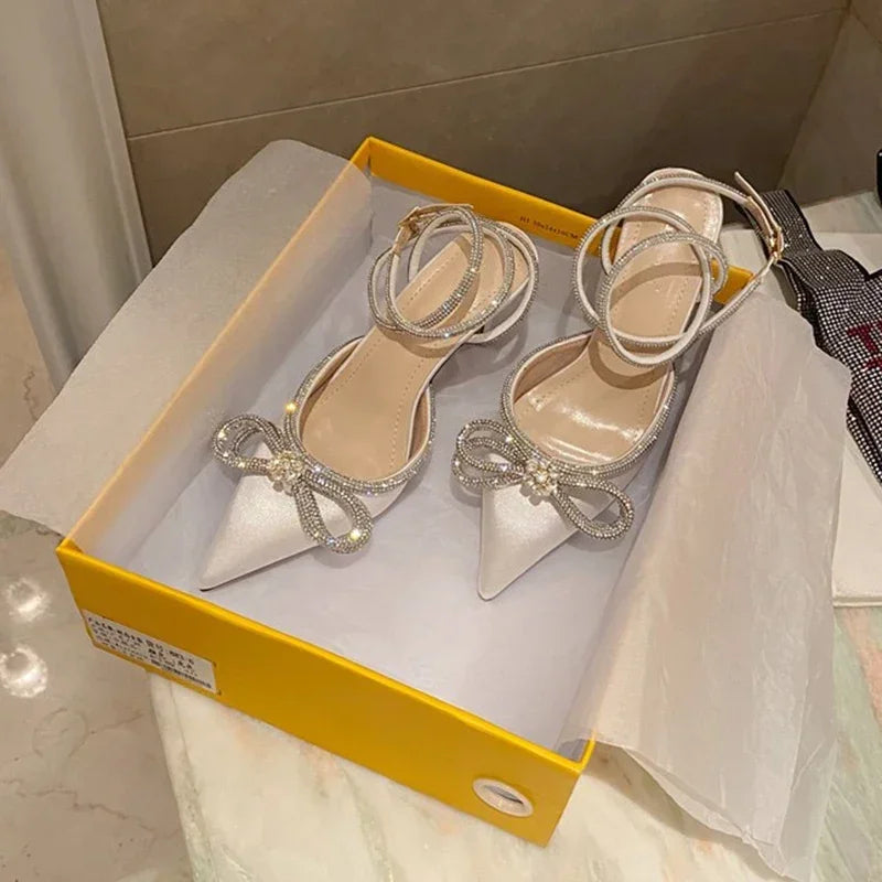 Aneikeh Spring/Autumn 2026 Women's Shoes Fashion Butterfly-Knot Narrow Band Bling Patchwork Cross-Tied Crystal Pointed Toe Pumps