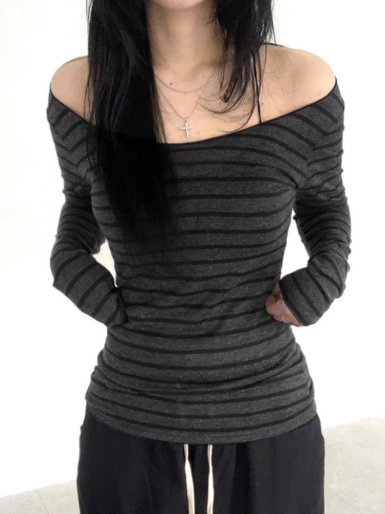 Harajuku Basic Slim Long Sleeve Stripe Tee Off Shoulder O Neck Korean Street Style Spring Autumn Y2K Women's Gray T Shirt