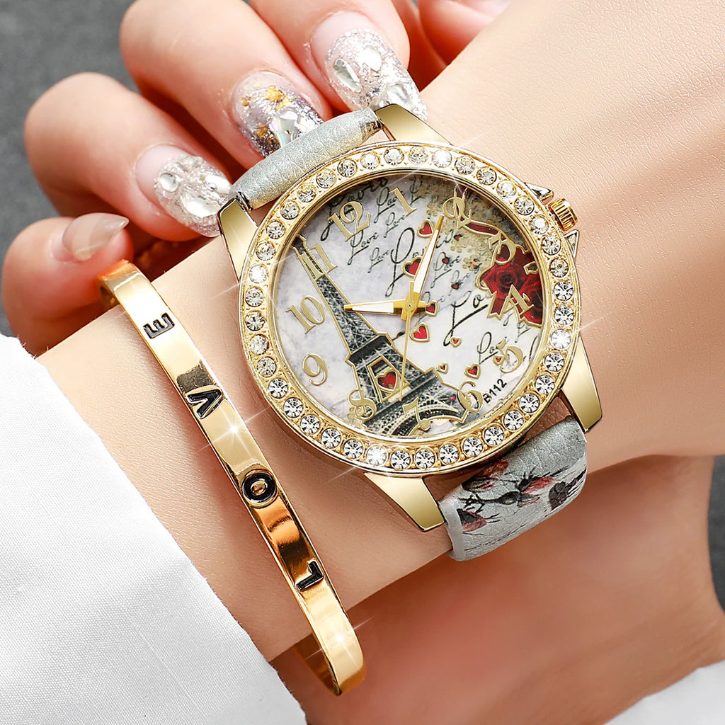 2/3/4/5PCS Fashion Rhinestone Women's Watch Flowers Printed Leather Band Female Quartz Watches Bracelets Set（Without Box）