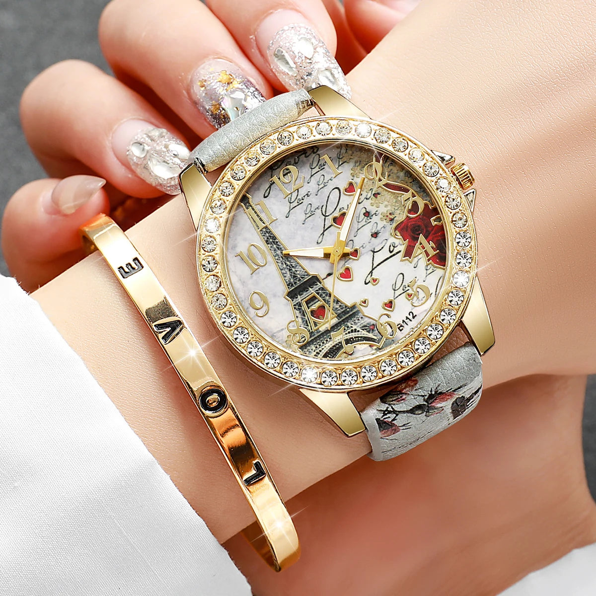 2/3/4/5PCS Fashion Rhinestone Women's Watch Flowers Printed Leather Band Female Quartz Watches Bracelets Set（Without Box）