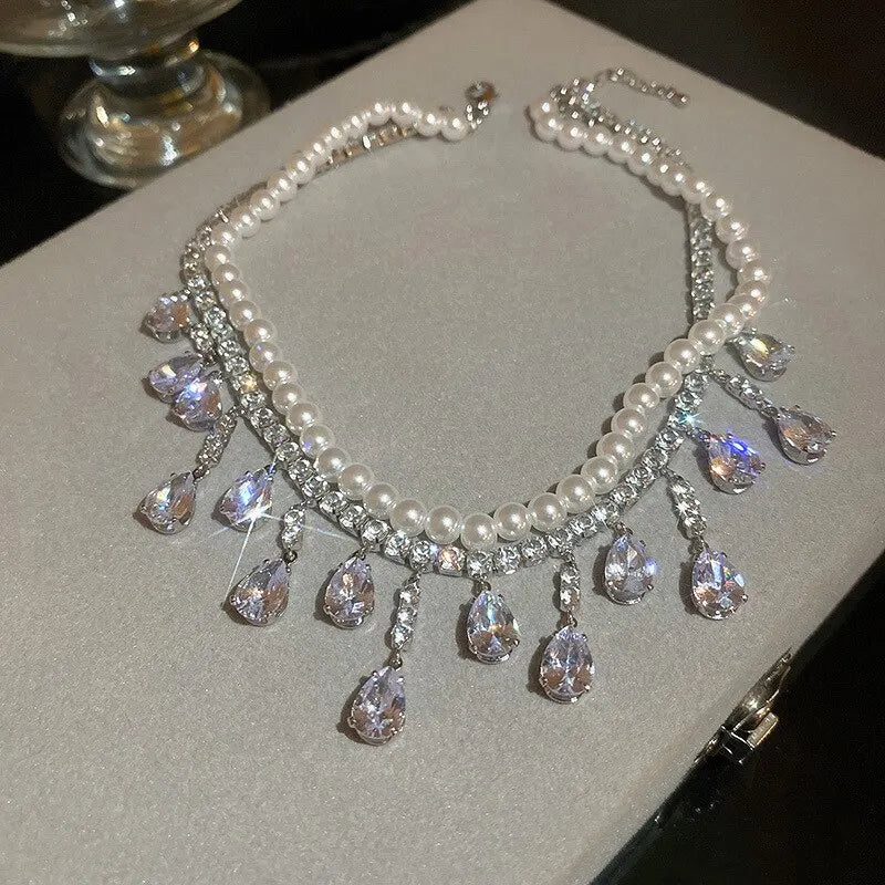 Luxury Rhinestone Crystal Chokers Necklaces For Women Multilayer Imitation Pearl Chain Necklace For Party Wedding Jewelry K-