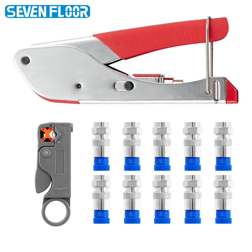 Coaxial Cable Crimping Pliers Set RG6 RG59 Wire Stripper Crimper Tool Kit 10pcs RG6 F-type Compression Connectors