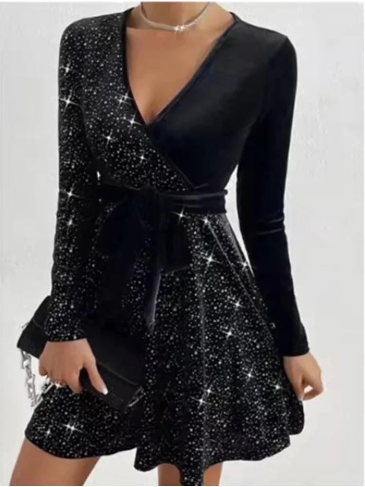 4 Color Sparkling Mini Dress Women's Sexy A-Line Long Sleeved Dress Spring Autumn Party Solid Color Dresses New Year