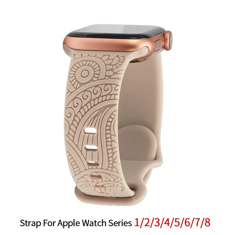Hot Engraved Pattern Silicone Band For Apple Watch 42mm 46mm 38mm 40mm 41mm Sport Loop Strap For Iwatch Series 10 9 8 Ultra 7 6