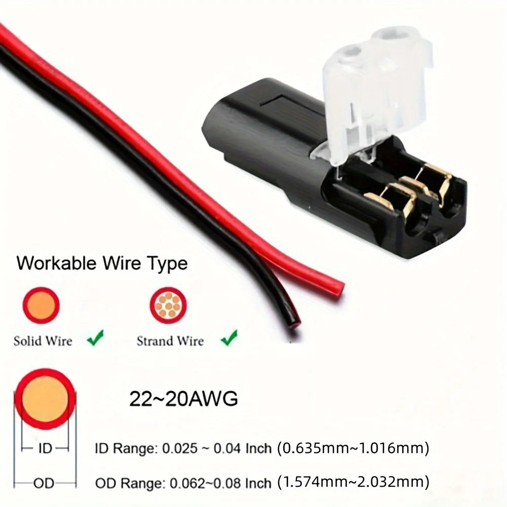20/40/60/100 Pcs Double-Wire Plug-in Connector with Locking Buckle-Pluggable LED Wire Connectors 2 Way Electrical Wire Connector