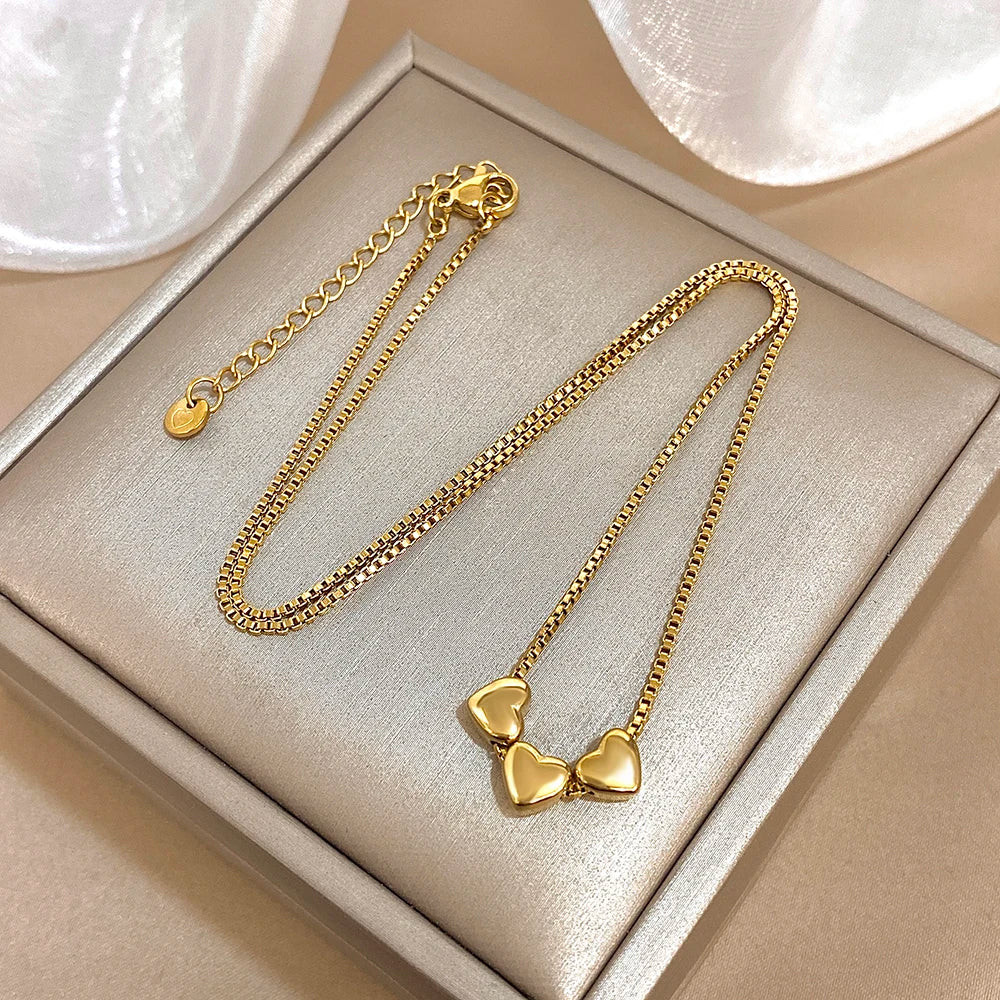 Cute Triple Color Heart Beads Necklace for Women Fashion Gold Plated Stainless Steel Charm Necklaces Waterproof Jewelry