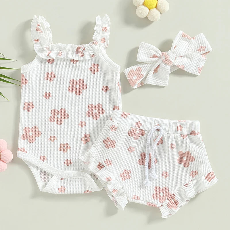 0-18Months Baby Girls 3Pcs Summer Outfits Floral Sleeveless Strap Romper + Shorts + Headband Set