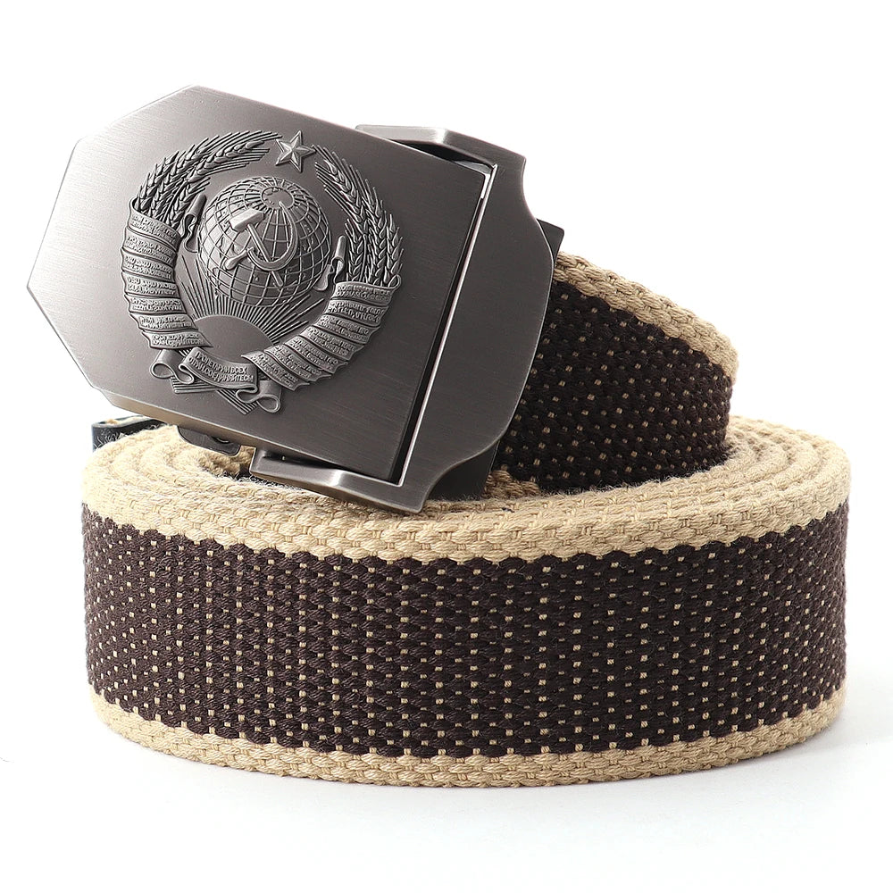 Mens Canvas Outdoor Tactical Army Belt 3D Soviet National Emblem Metal Buckle Unisex Jeans Belt for Men Military Training Belts