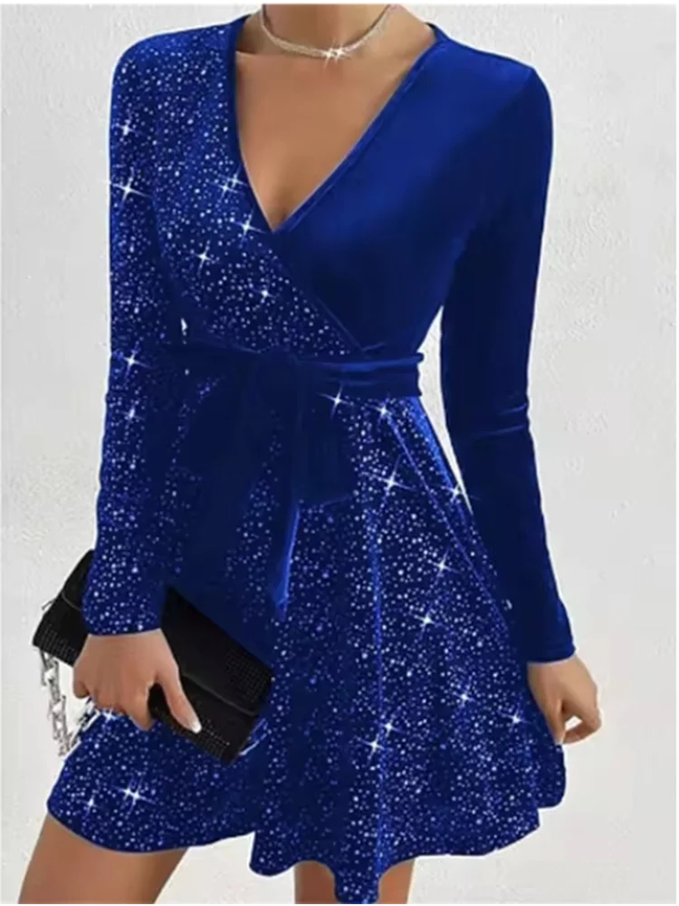 4 Color Sparkling Mini Dress Women's Sexy A-Line Long Sleeved Dress Spring Autumn Party Solid Color Dresses New Year