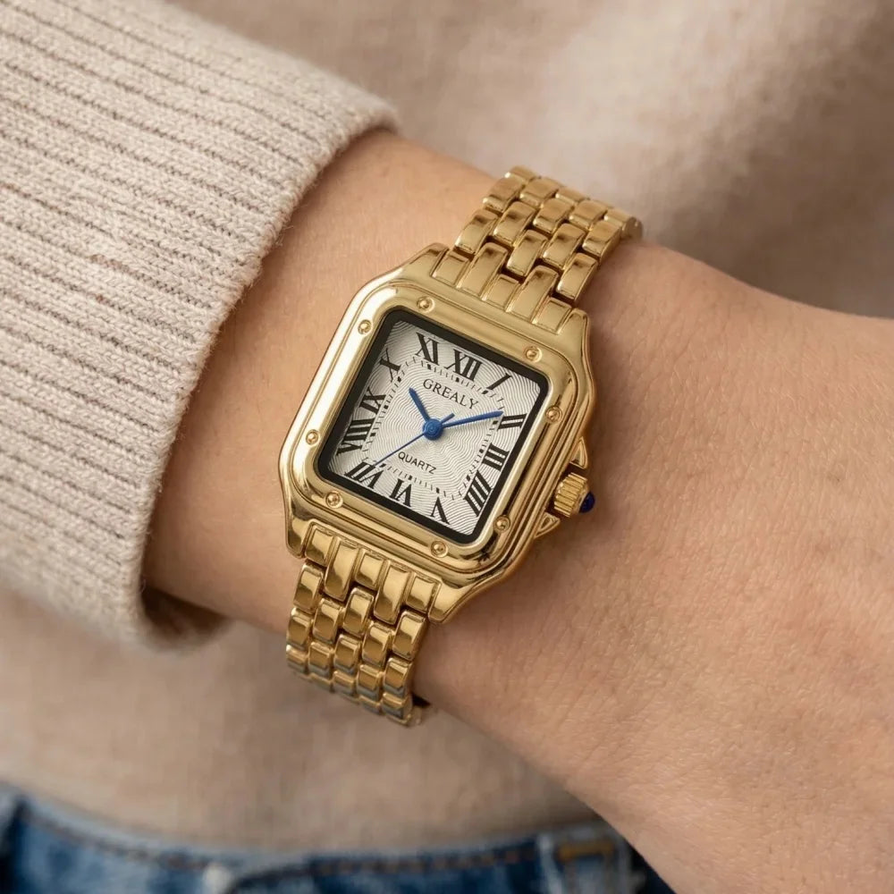 New Fashion Quartz Women Watch Simple Elegant Square Dial Gold Stainless Steel Strap Waterproof Leisure Business Watches Hot