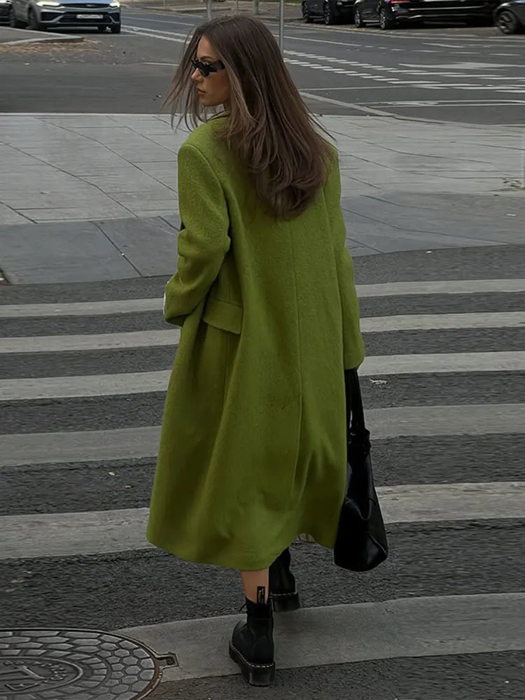  Chic Ladies Woolen Long Overcoat Solid Double-Breasted Lapel Padded Shoulder Loose Coat Women Autumn Winter Street Outerwear