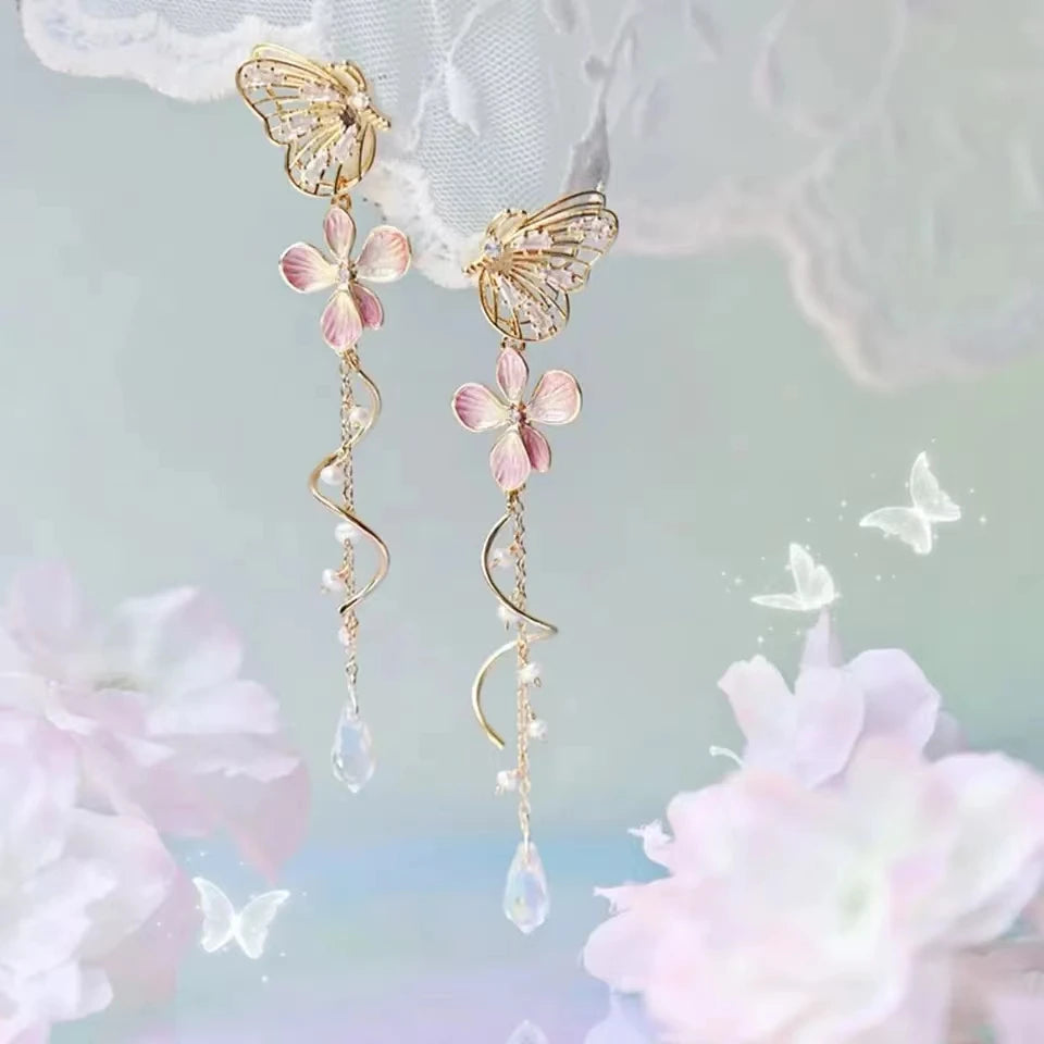 Korean Elegant Butterfly Earrings For Women Exquisite Crystal Zircon Long Tassel Flower Drop Earrings Girls Temperament Jewelry