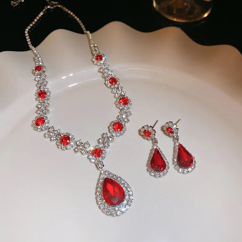 Sparkling Rhinestone Necklace Drop Earrings For Women Geometric Water Droplet Pendant Necklaces Wedding Bride Jewelry Sets