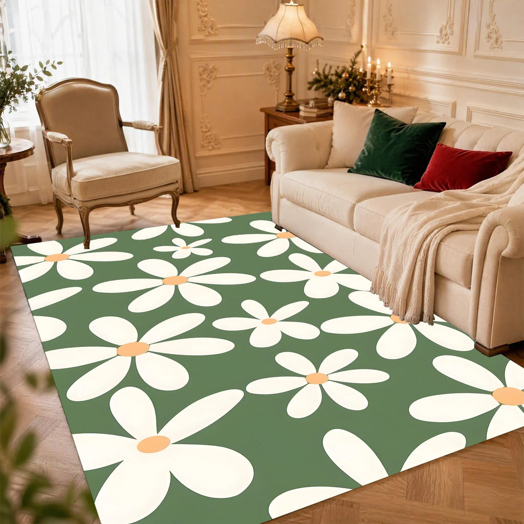 Green Daisy Print Rug Soft Velvet Area Carpet Living Room Bedroom Home Decor Carpet Mat