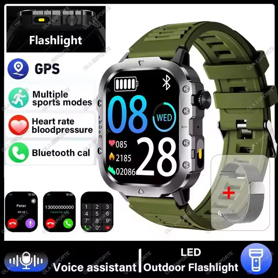 2026 New Military Outdoor Smart Watch Men's GPS Flashlight Bluetooth Call 2.01" AMOLED Screen 3ATM Waterproof Sports Smartwatch
