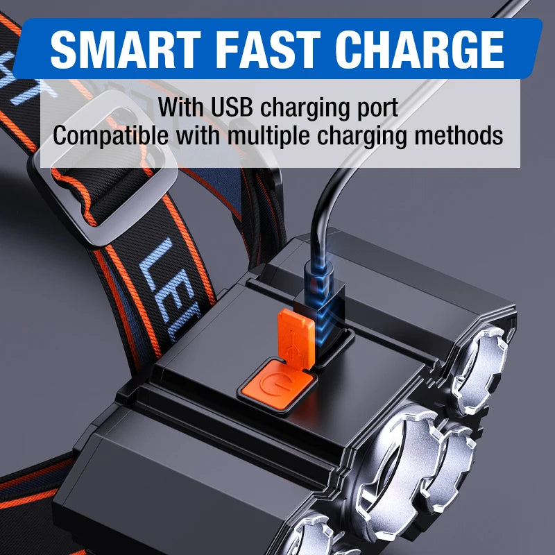 5LED Strong Light Headlamp Rechargeable Waterproof Outdoor Fishing Long Range Headlamp