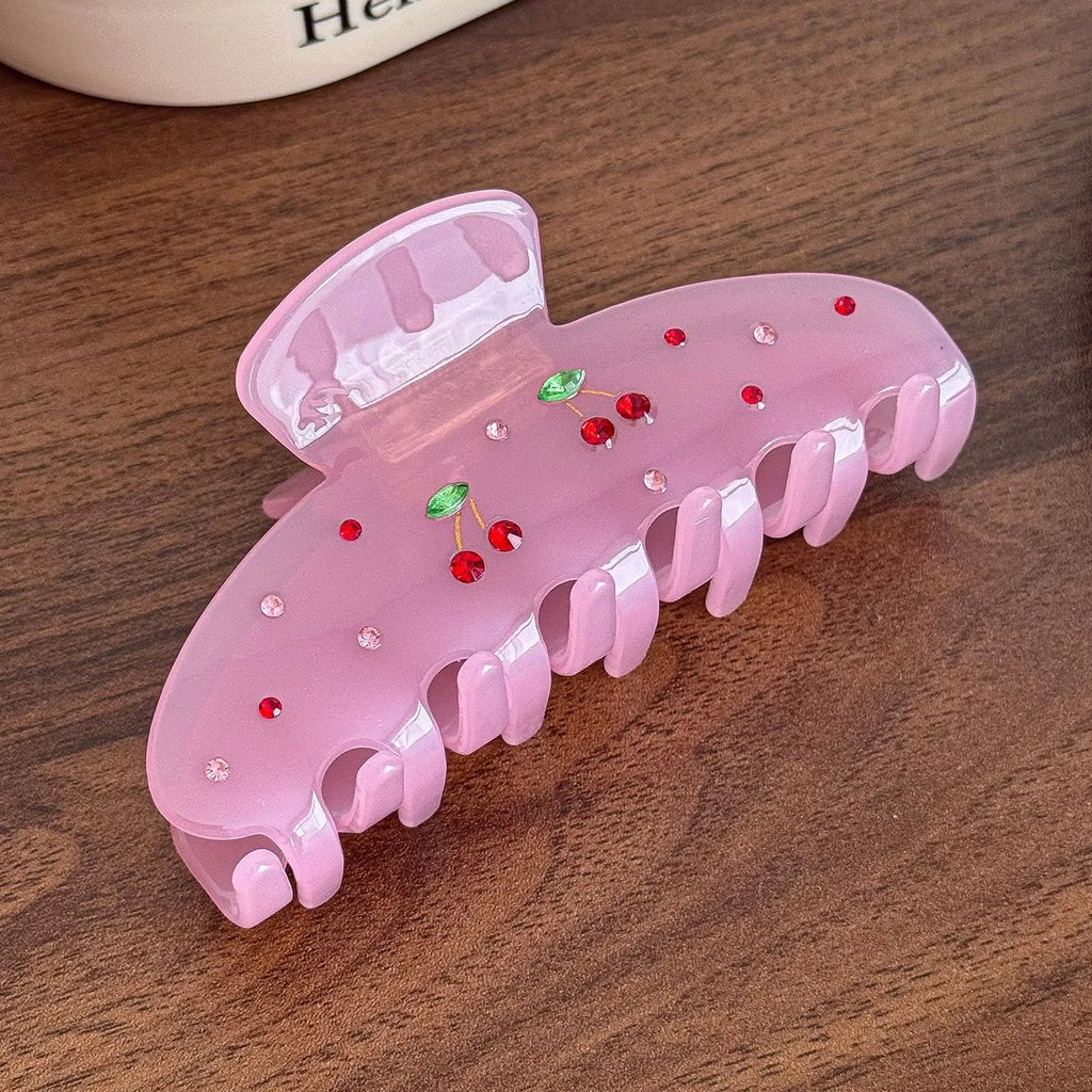1pc New diamond-studded cherry hair claw, high-end sweet multicolor diamond acetate hair clip, hair clip for back-of-head updos