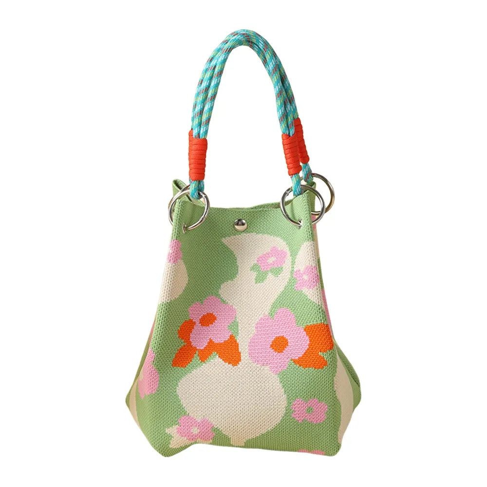 Cute Cartoon Knitted Bucket Bag Handmade Woven Ring Buckle Wrist Bag Large Capacity Tote Bag for Women Girls