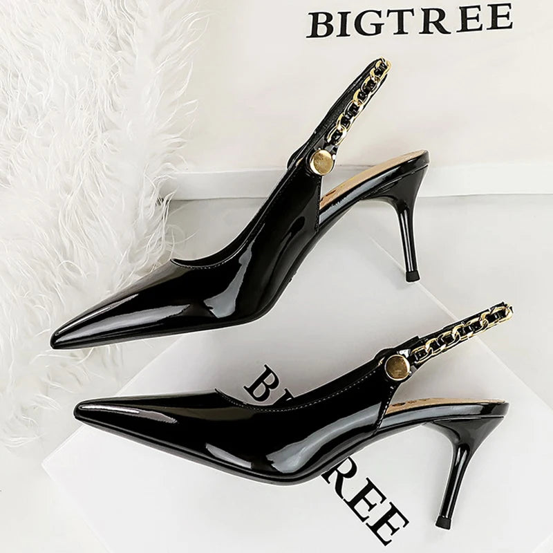 BIGTREE Shoes Metal Chain Women Pumps Patent Leather New Women 7 Cm 9.5 Cm Heels Women Summer Stilettos Sandals High Heels