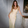 Retro V Neck Dresses Yellow Sleeveless Flower Print  Maxi Long Dress Elegant High Waist Female Holiday Party Vestidos