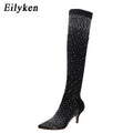 Eilyken Design Crystal Rhinestone Stretch Fabric Sexy High Heels Sock Over-the-Knee Boots Pointed Toe Pole Dancing Women Shoes