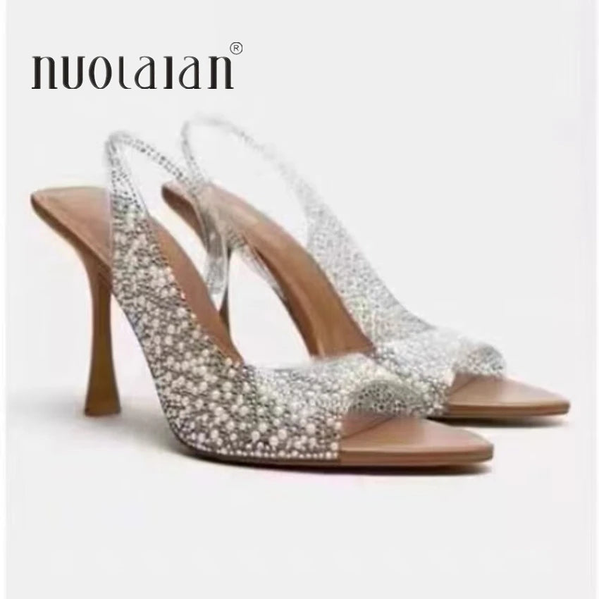2025 Summer Rhinestone Slingback Pumps Women High Heels Sandals Lady Elegant Pointed Toe Female Sexy High Heels Woman Shoes