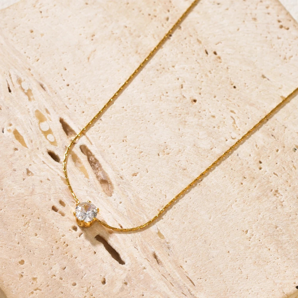 L176 Sparkling Diamond Zircon six-prong diamond bamboo link Chain necklace collarbone chain stainless steel gold jewelry