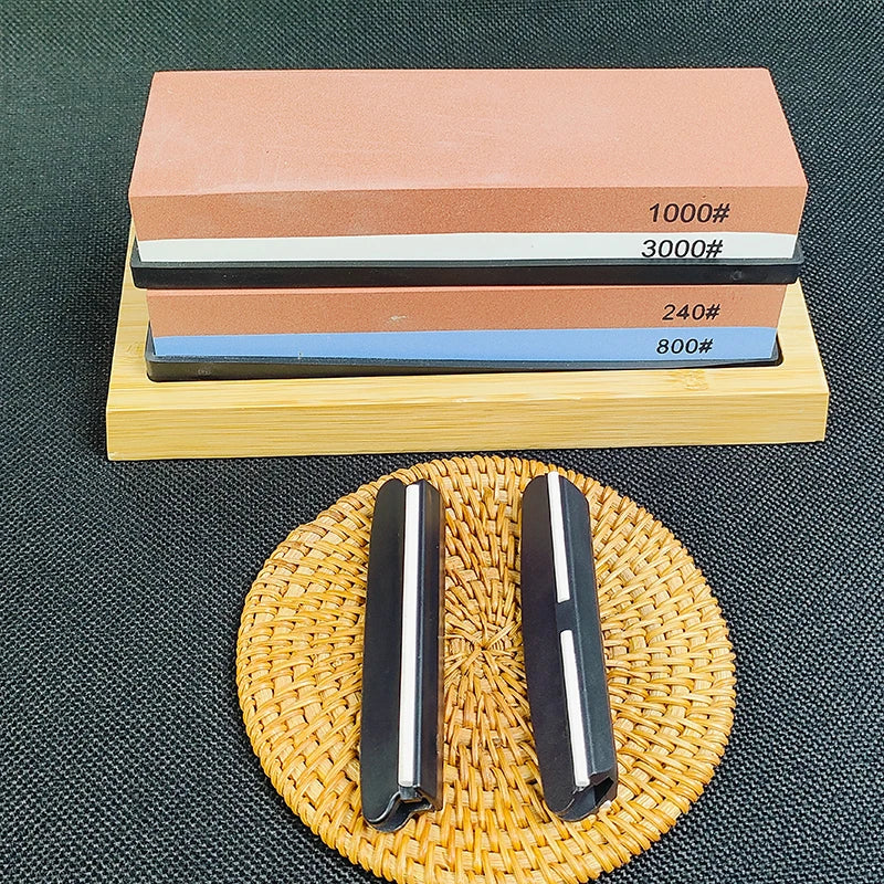 Professional Knife Sharpening Stone Kit 400/1000 3000/8000 Grit Non-slip Bamboo Base Double-side Knife Whetstone Angle Guide
