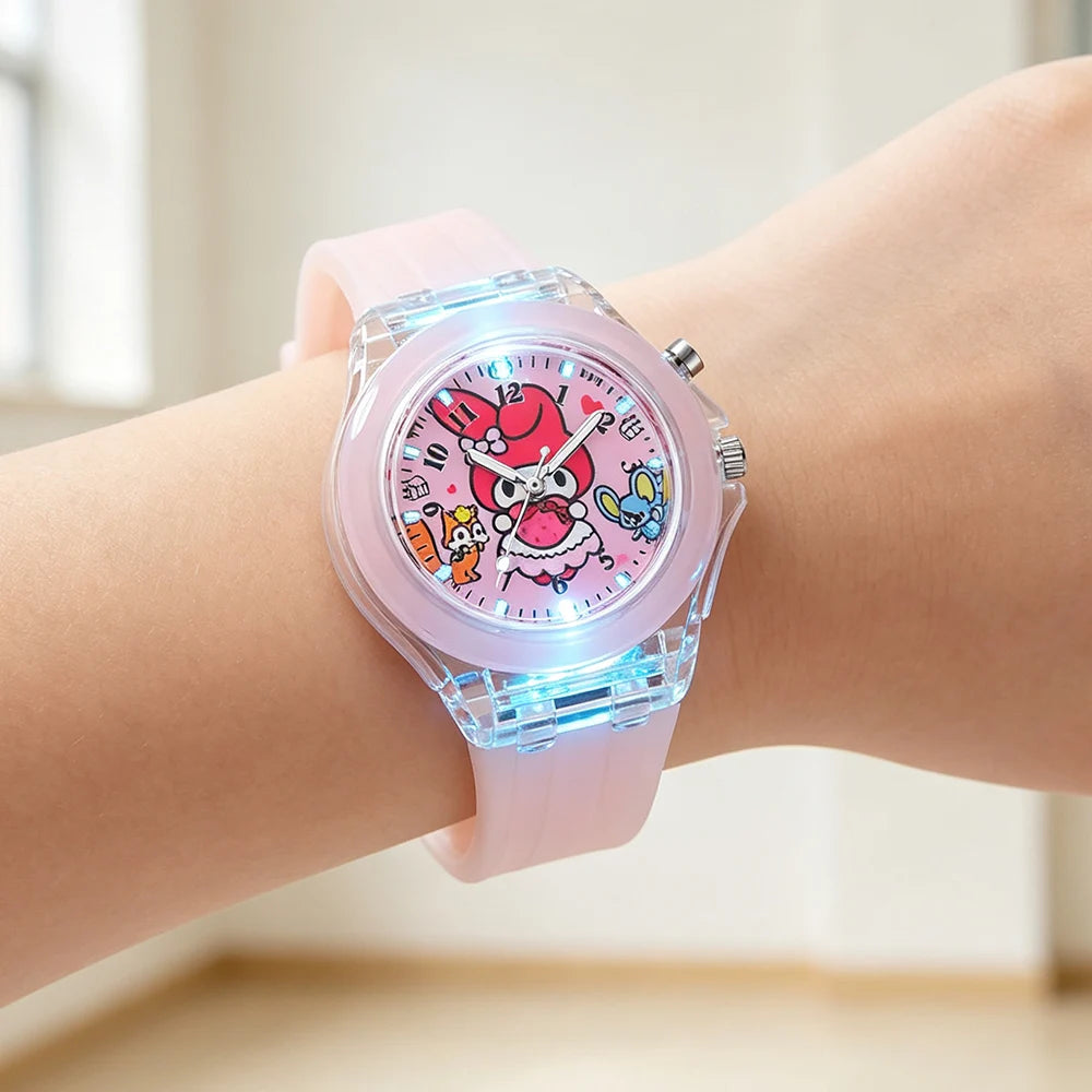 Cute Cartoon Pink Melody Style Kids Watches with Light-Up Silicone Strap Purple Black Kuromi Girls Watch Child Quartz Clock Gift