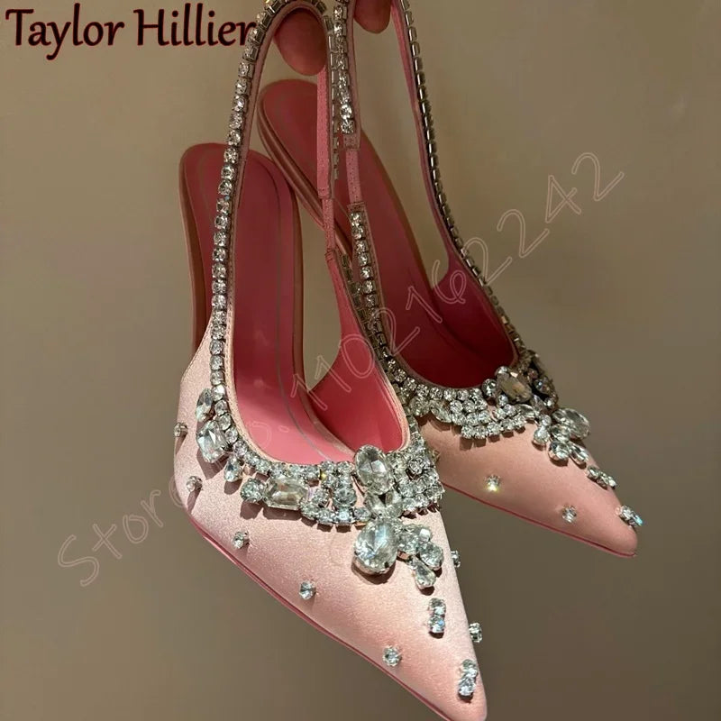 Spring New Pink Rhinestone Pumps Women'S Elegant Satin Stiletto High Heels Fashion Back Strap Luxury Dress Evening Pumps Sandals