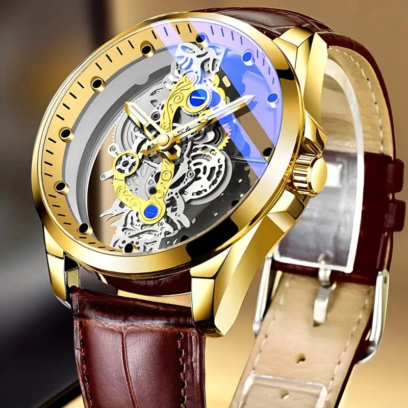 Hot Trendy Fashion Wholesale Men's Golden Skeleton Automatic Quartz Wrist Watches Luxury
