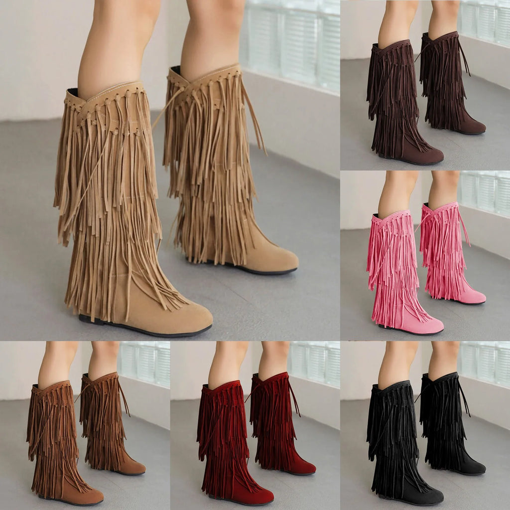 Boots Women Mid Calf With Heel Women'S Winter Chunky Heel Fringe Boots Inside Booster Mid Faux Leather Western Boots