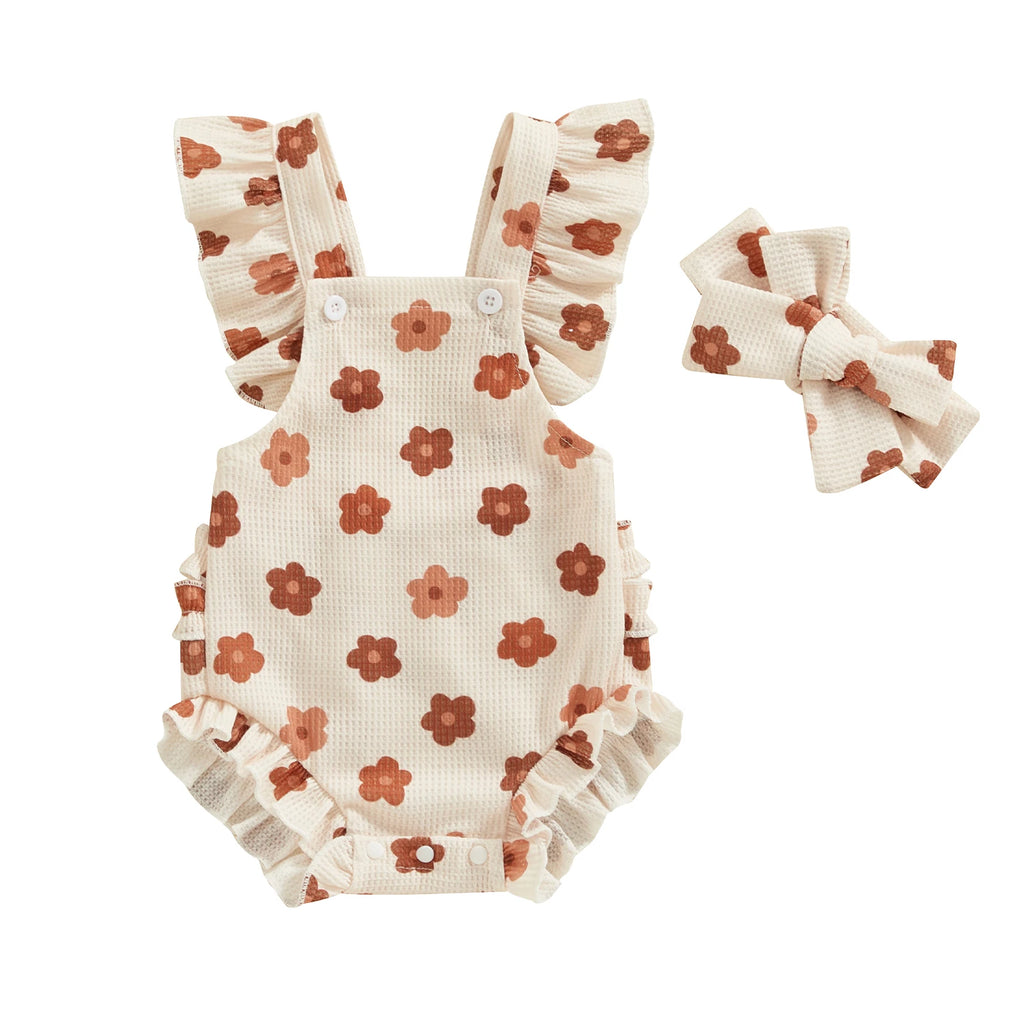 Citgeett Summer Infant Baby Girls Bodysuit and Headband Flower Print Fly Sleeve Jumpsuit Casual Clothes