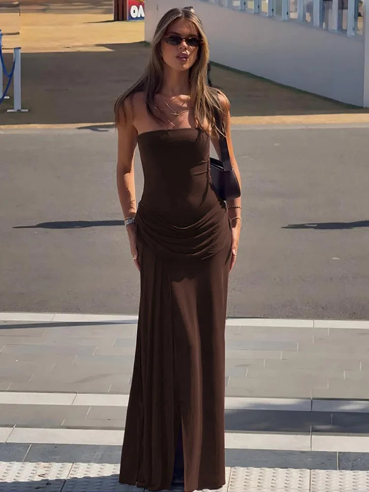 Mozision Off-shoulder Strapless Sexy Maxi Dress Women Elegant Sleeveless Backless Ruched High Split Club Party Long Dress
