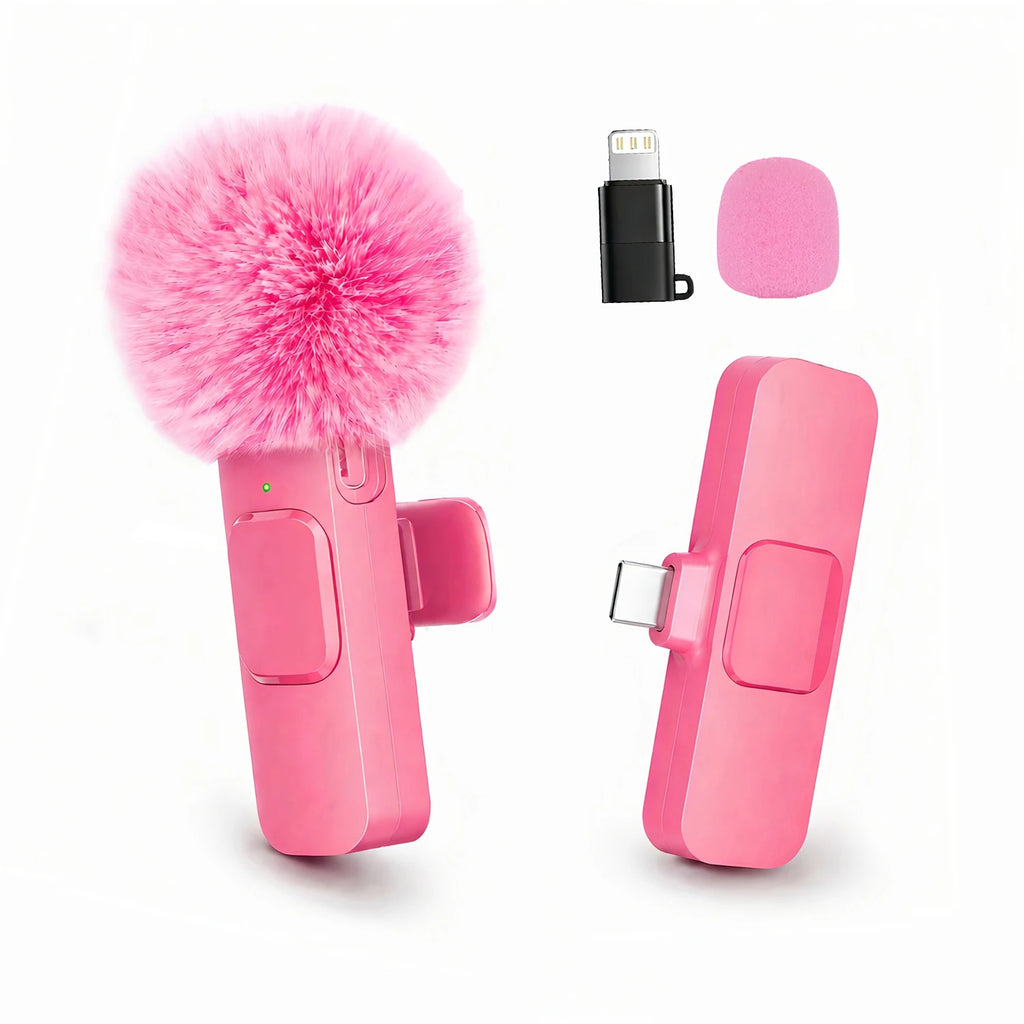 Wireless Lavalier Microphone with Furry Windscreen, Type-C&Lightning Adapter, Mini Clip Mic, Android, iPhone, Tablets, Laptops