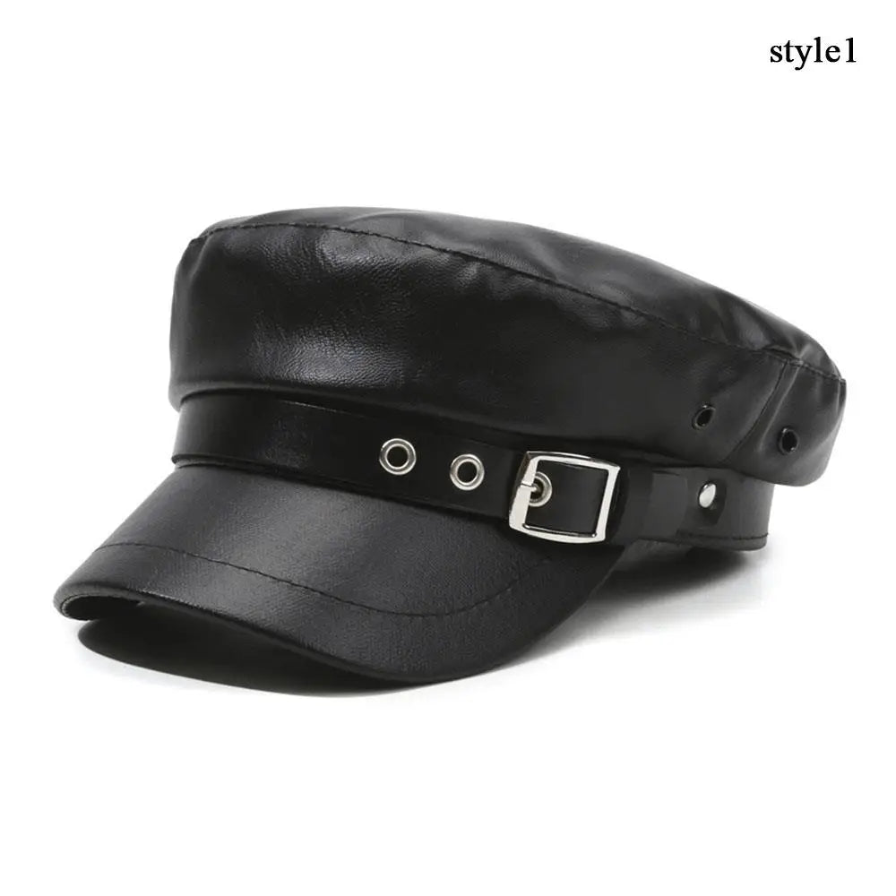 New PU Leather Beret Hat Autumn And Winter Versatile Beret Retro Flat Top Visor Adjustable Black Painter Hat Octagonal Cap
