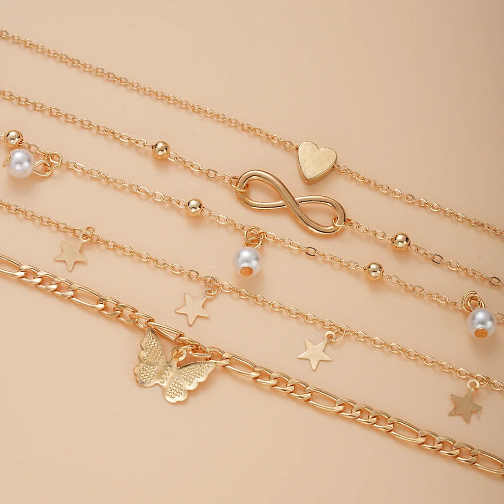 4Pcs Bohemian Butterfly Metal Butterfly Star Heart Pendant Women's Star Heart Pearl Charm Anklet Bracelet Women's Summer Beach Jewelry Accessories