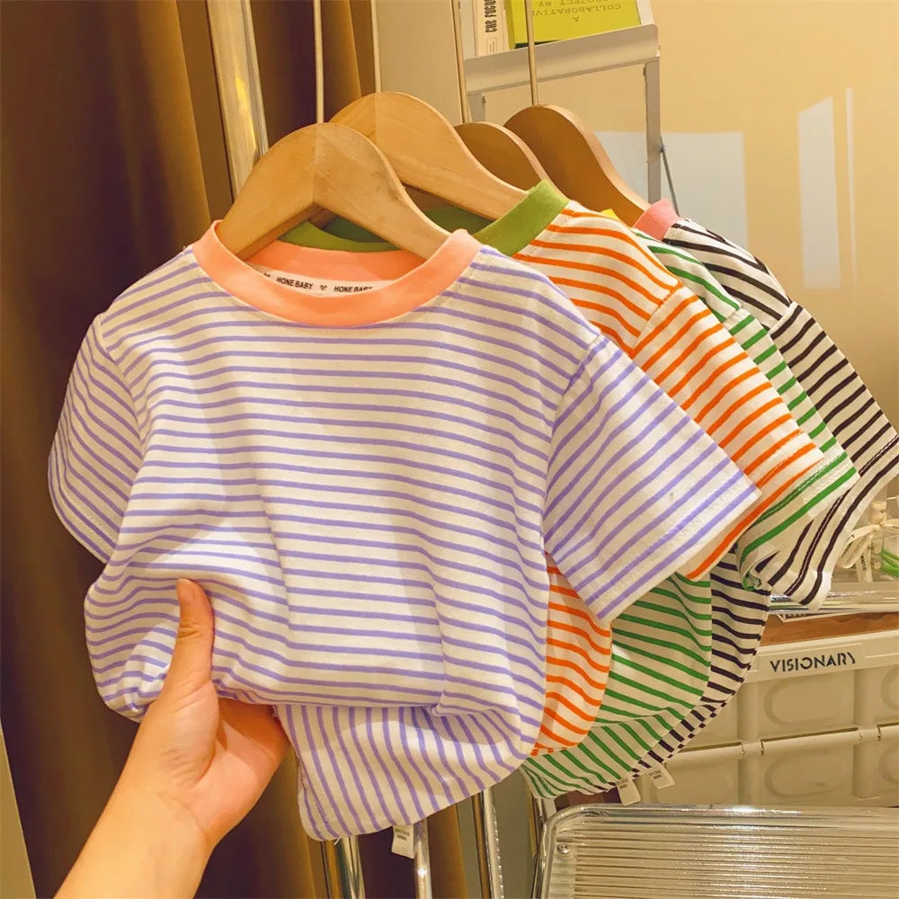 Children's Short-Sleeved Boys Girls 2024 Summer New Striped T-Shirt Baby Thin Section Half-Sleeved Bottoming Shirt Casual Wear