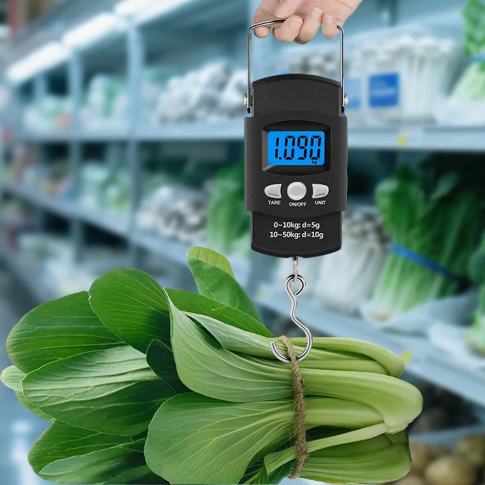 50kg/10g Portable LCD Electronic Hand Scale Travel Hanging Scale with100cm Long Retractable Measuring Tape Weigh Fish Vegetables