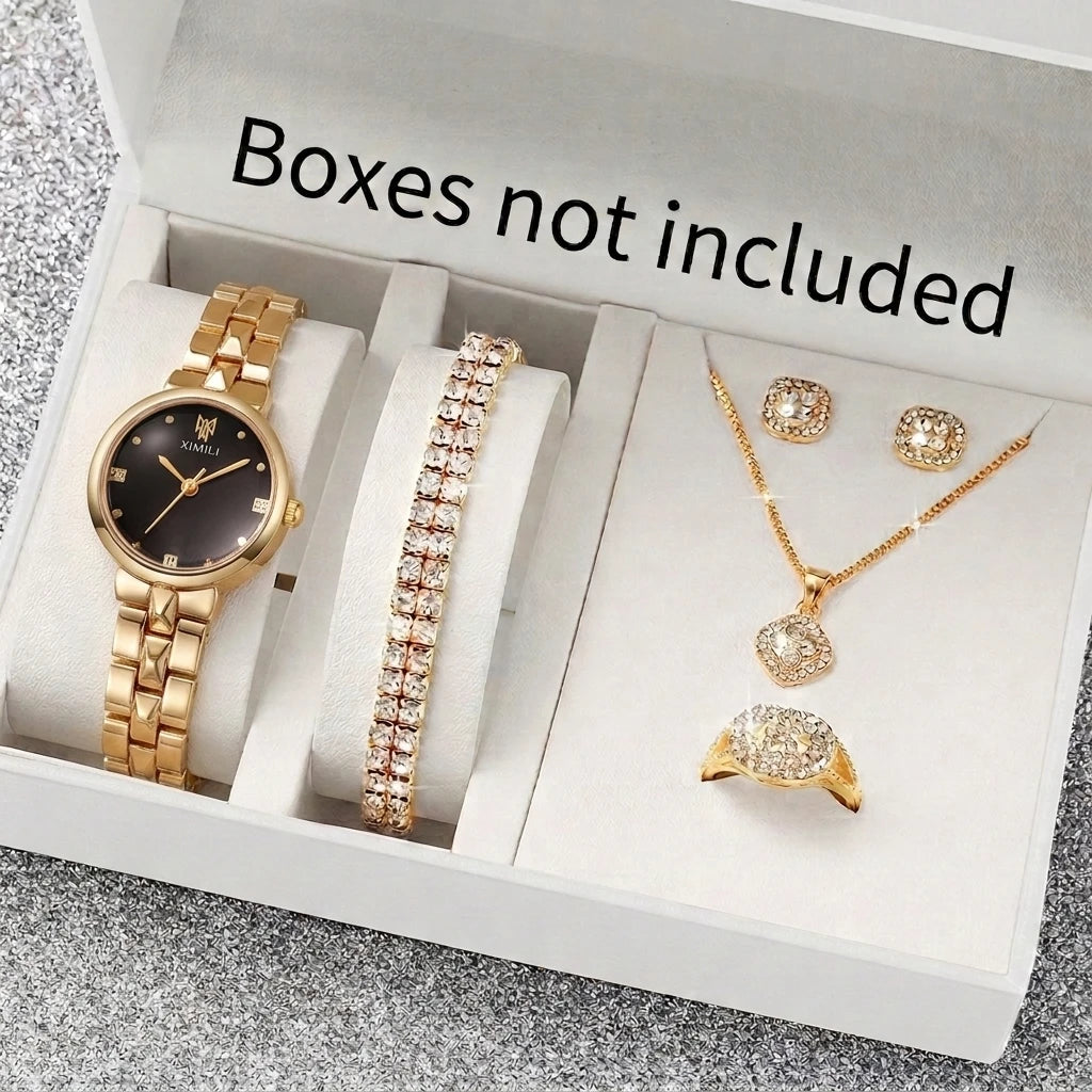 6PCS Elegant Rhinestone Women Quartz Watch Jewelry Set Ladies Bracelet Strap Wristwatches Relogio Feminino Clock（Without Box）