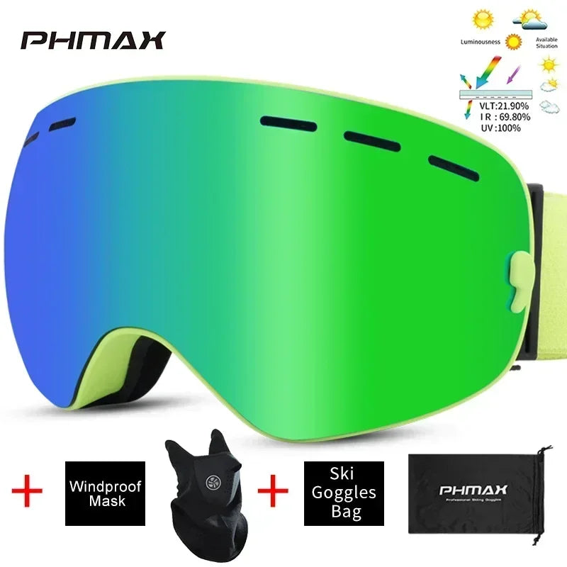 PHMAX Ski/Snowboard Goggles for Men Women, OTG Snow Goggles Anti Fog UV Protection Red Double Layers Lens Wide Vision Winter