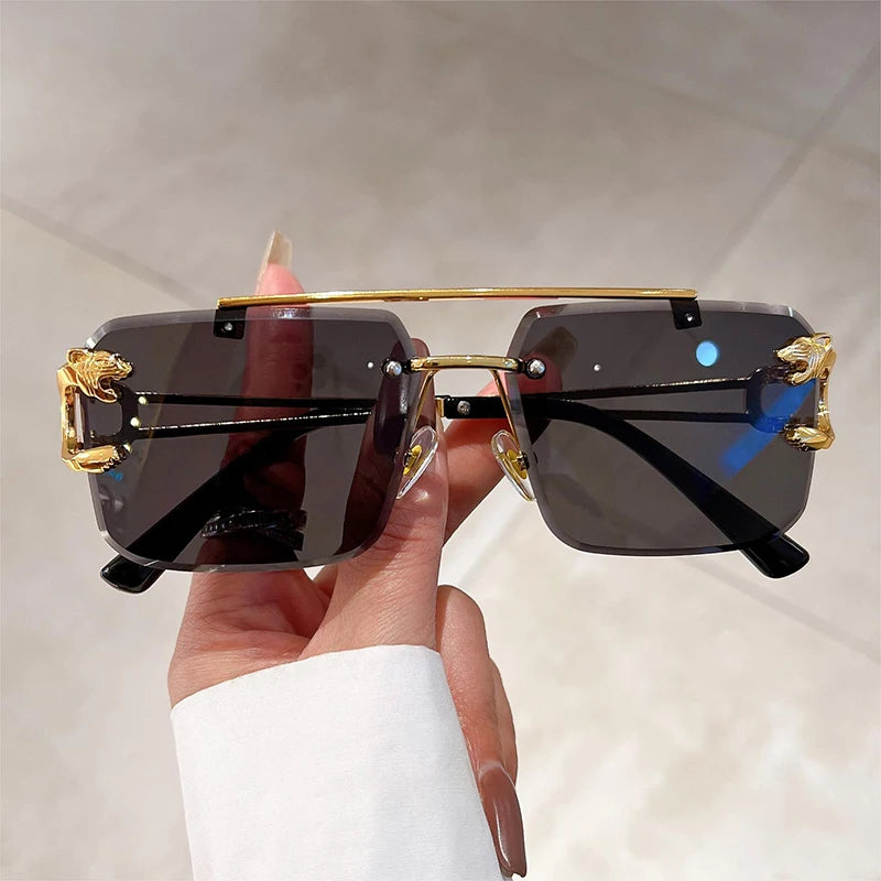 KAMMPT Vintage Rimless Sunglasses Men Women Fashion Oversized Square Shades Eyewear New Double Bridge Gradient UV400 Sun Glasses
