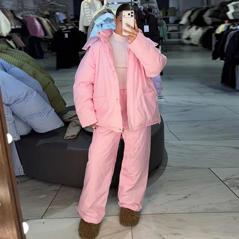 Fashion Women's Stripe Cotton Padded Coat Pant Set Loose Full Sleeve Hooded Zipper Jacket Elastic Waist Pants 2026 Winter Suits