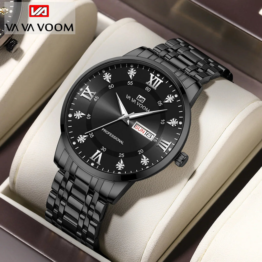 VA VA VOOM Top Brand Luxury Men Watch Week Quartz Movement Business Clock Black Stainless Steel 3Bar Waterproof Couple Men Watch
