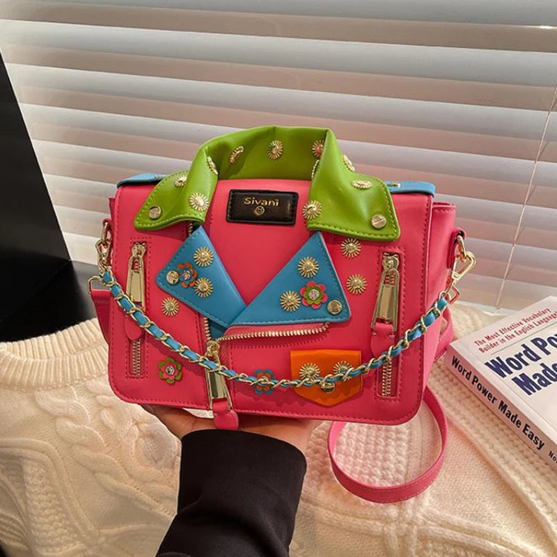 Jacket Collar Shaped Crossbody Shoulder Bag,Women Metal Flower Studded Handbag ,Niche Designer Streetwear Fashion Rivet Tote Bag