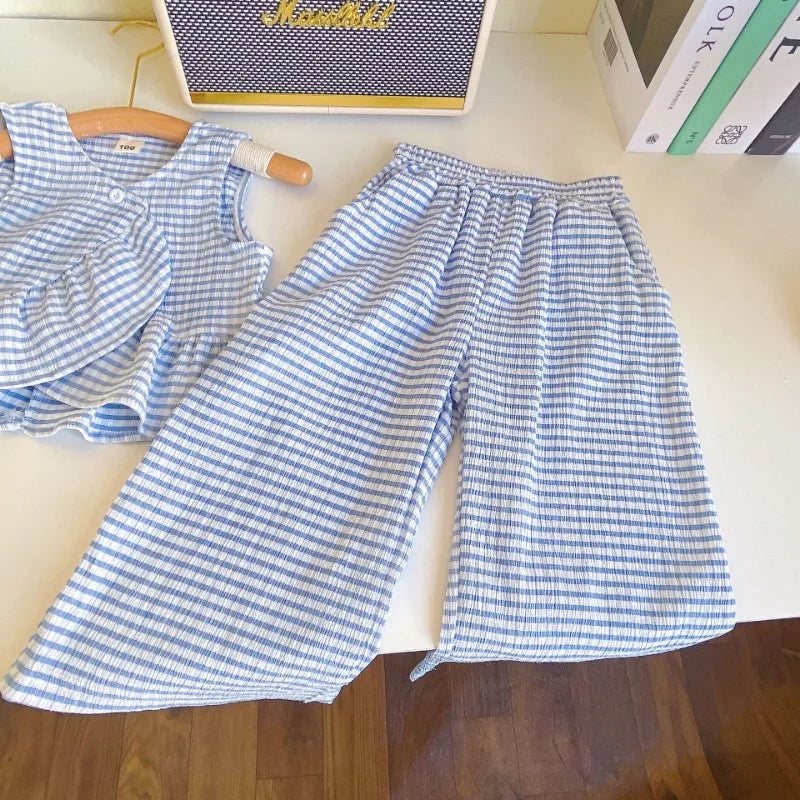 Summer Girls' Clothing Sets Plaid Fashion Version Personalized Top + Long Pants 2Pcs Baby Kids Children Clothes Suit