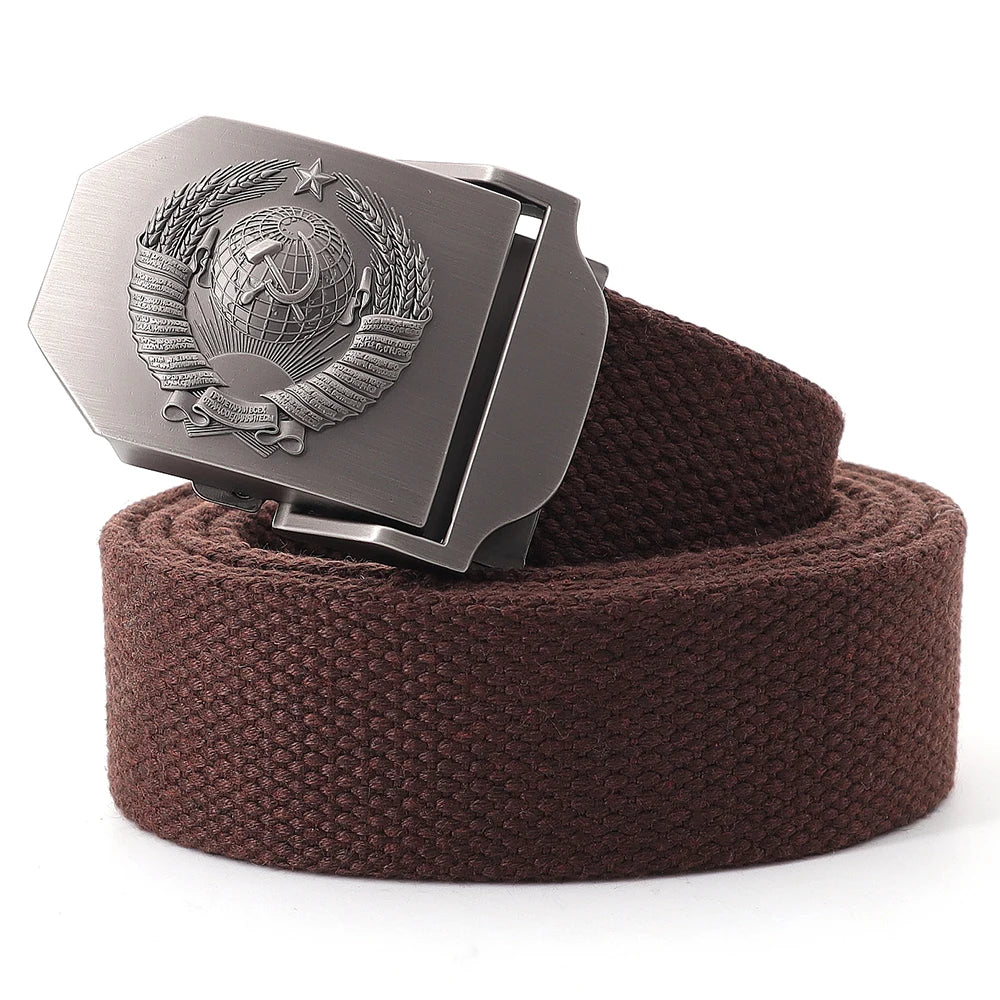 Mens Canvas Outdoor Tactical Army Belt 3D Soviet National Emblem Metal Buckle Unisex Jeans Belt for Men Military Training Belts